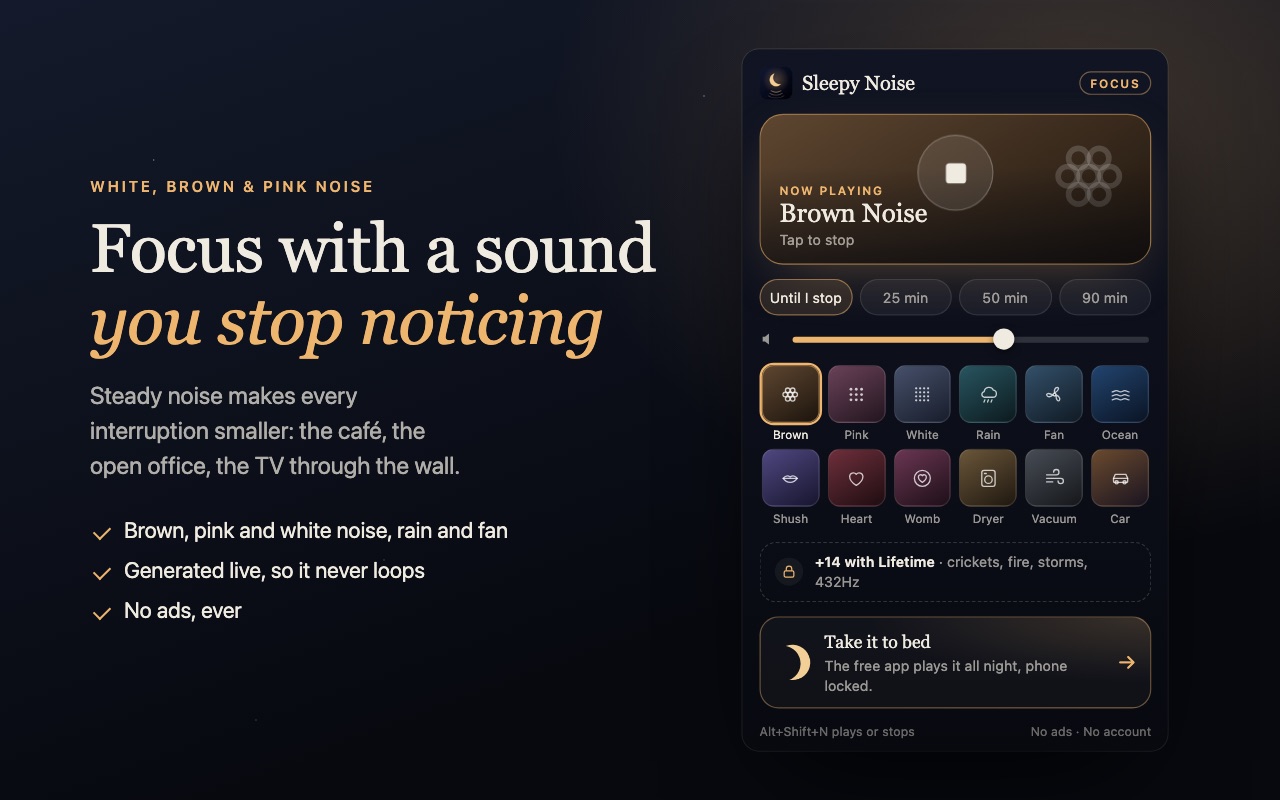 The Sleepy Noise Chrome extension popup playing brown noise