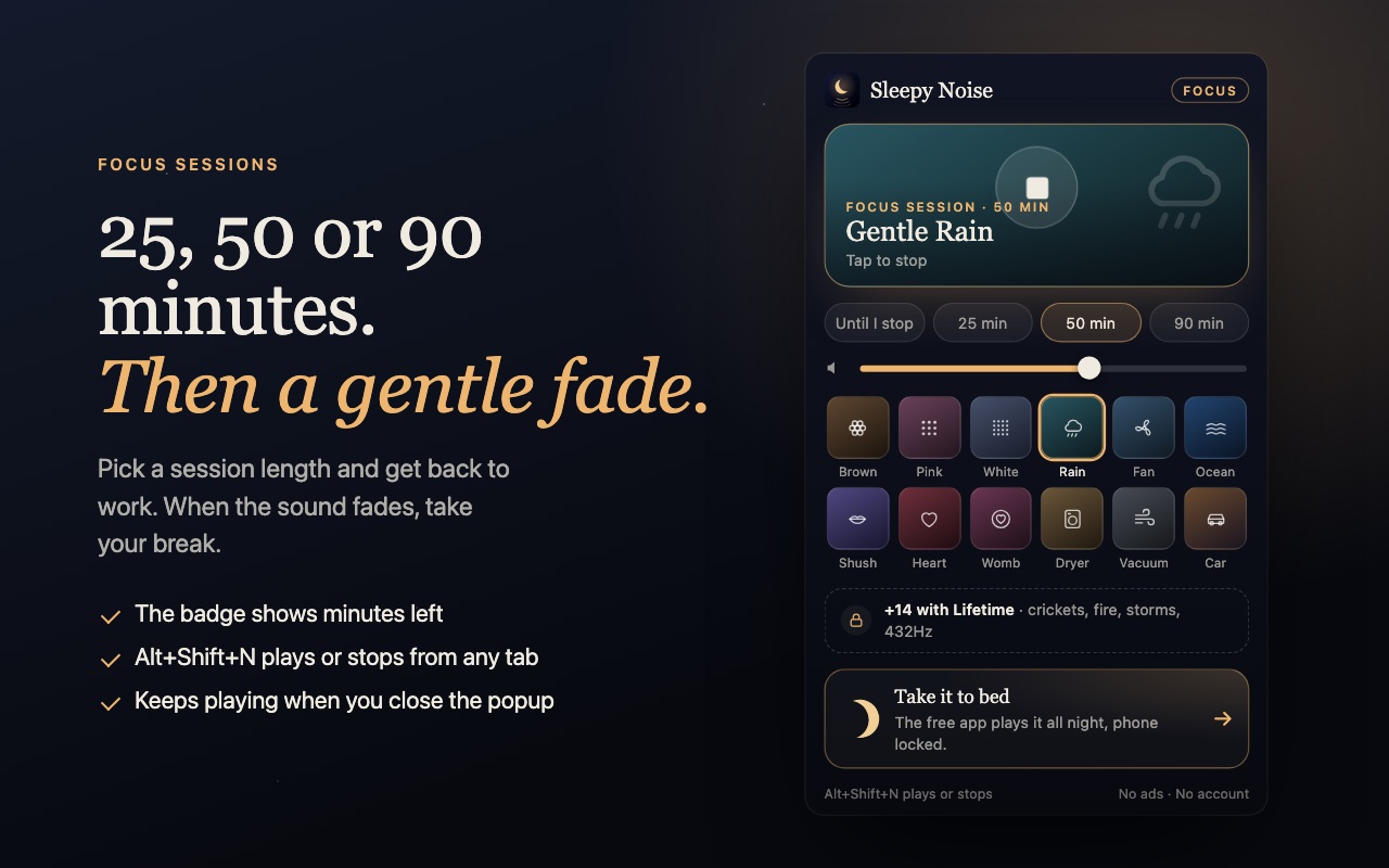 A 50-minute focus session in the Sleepy Noise extension