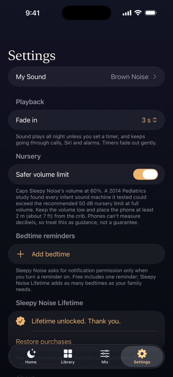 Settings with the safer volume limit turned on